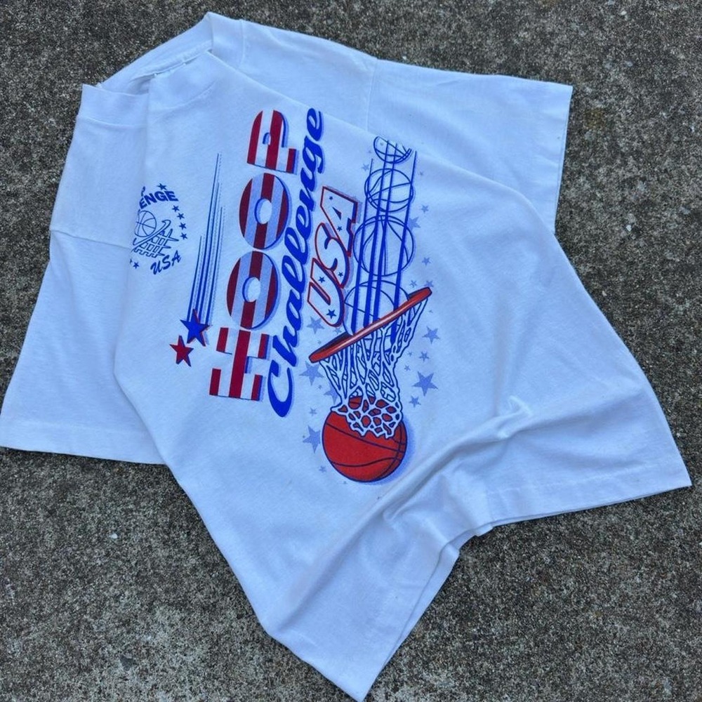 Vintage 90s Fruit of the Loom Hoop Challenge USA Basketball T Shirt White S (d9)